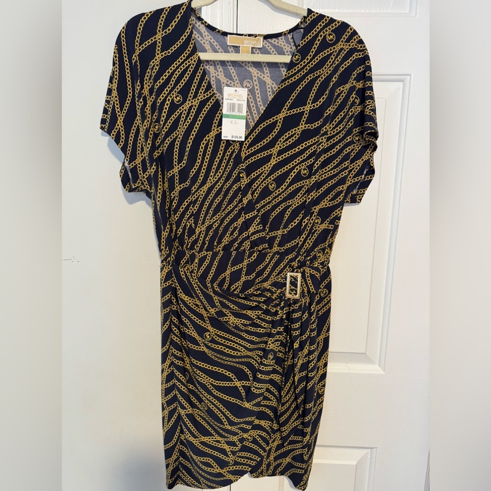 Michael Kors Blue and Gold Chain Pattern Dress